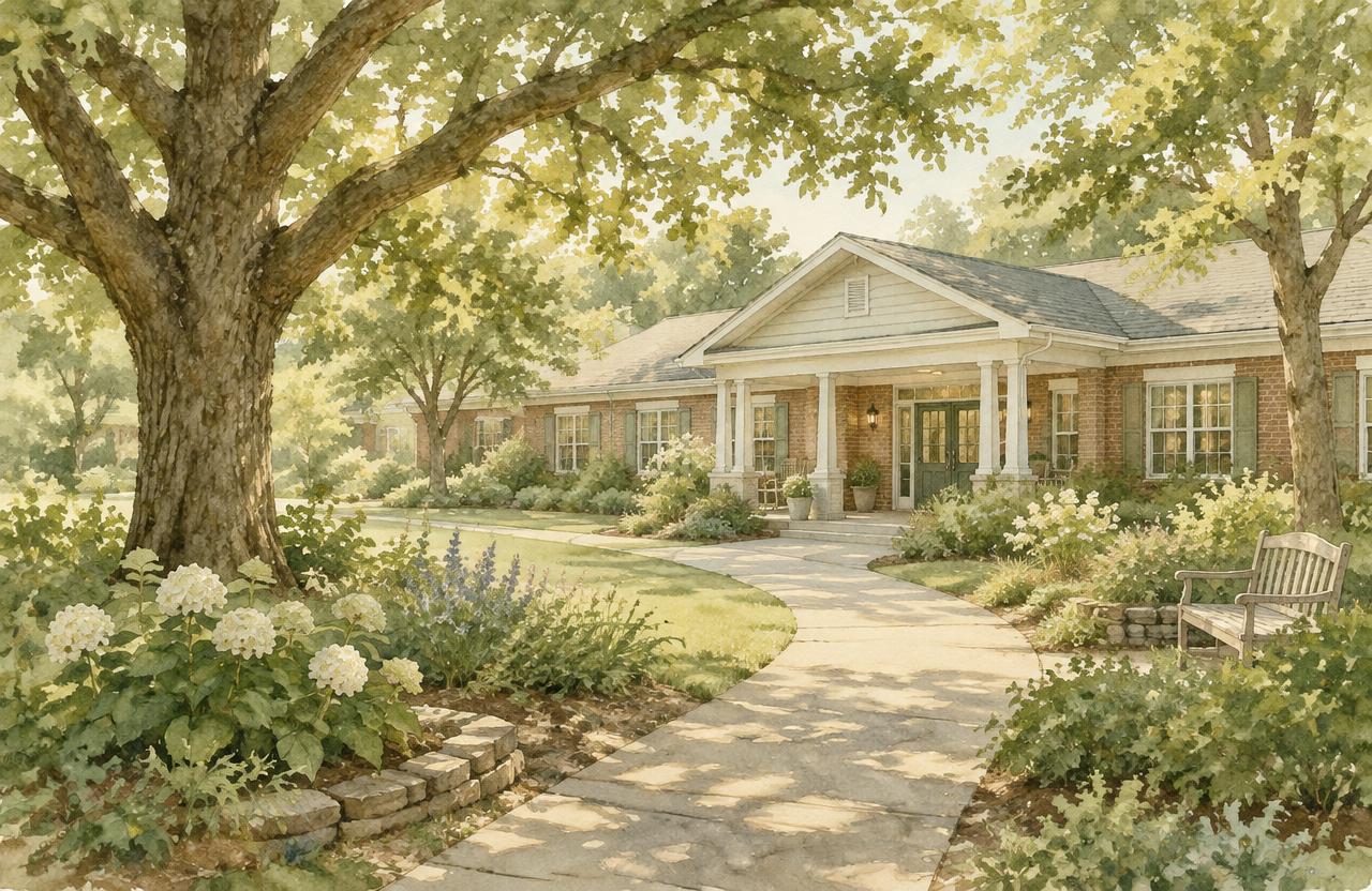A quiet garden path leading to a small care home
